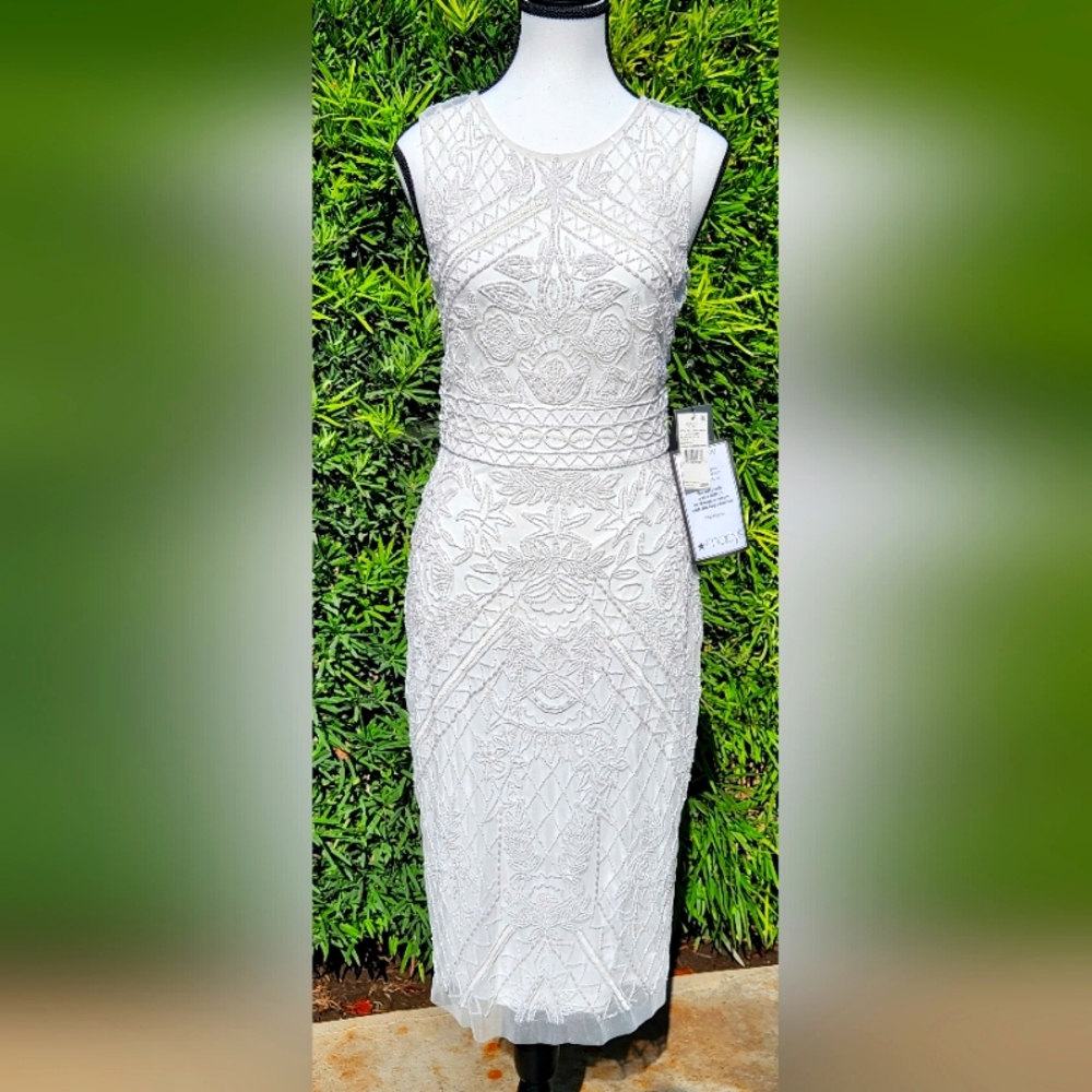 ADRIANNA PAPELL Sleeveless Beaded Dress sz 2 Ivory Empire Waist